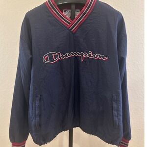 Vintage Champion Pullover Windbreaker Jacket‎ Navy Blue Athletic Size L